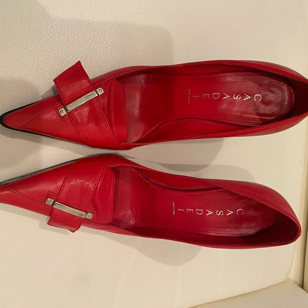 Casadei Red Flats with Glossy Finish and Metallic Buckle